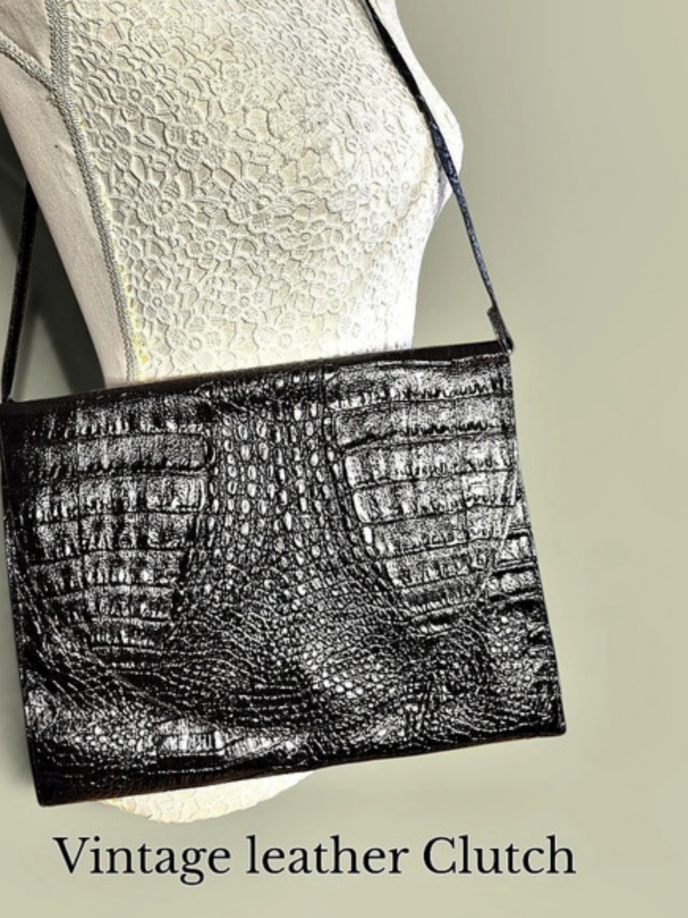 Vintage Glossy Croc Embossed Leather Convertible Envelope Clutch Shoulder Bag